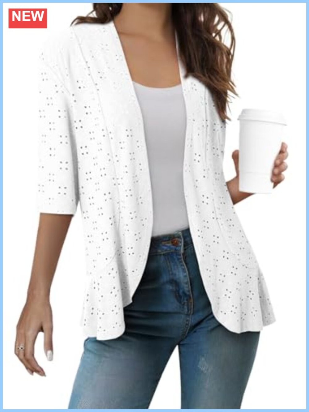 Lightweight Netted Knit Ruffle Half Sleeve Kimono Cardigan